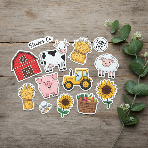 Farm-themed sticker pack flat lay on wooden desk with greenery