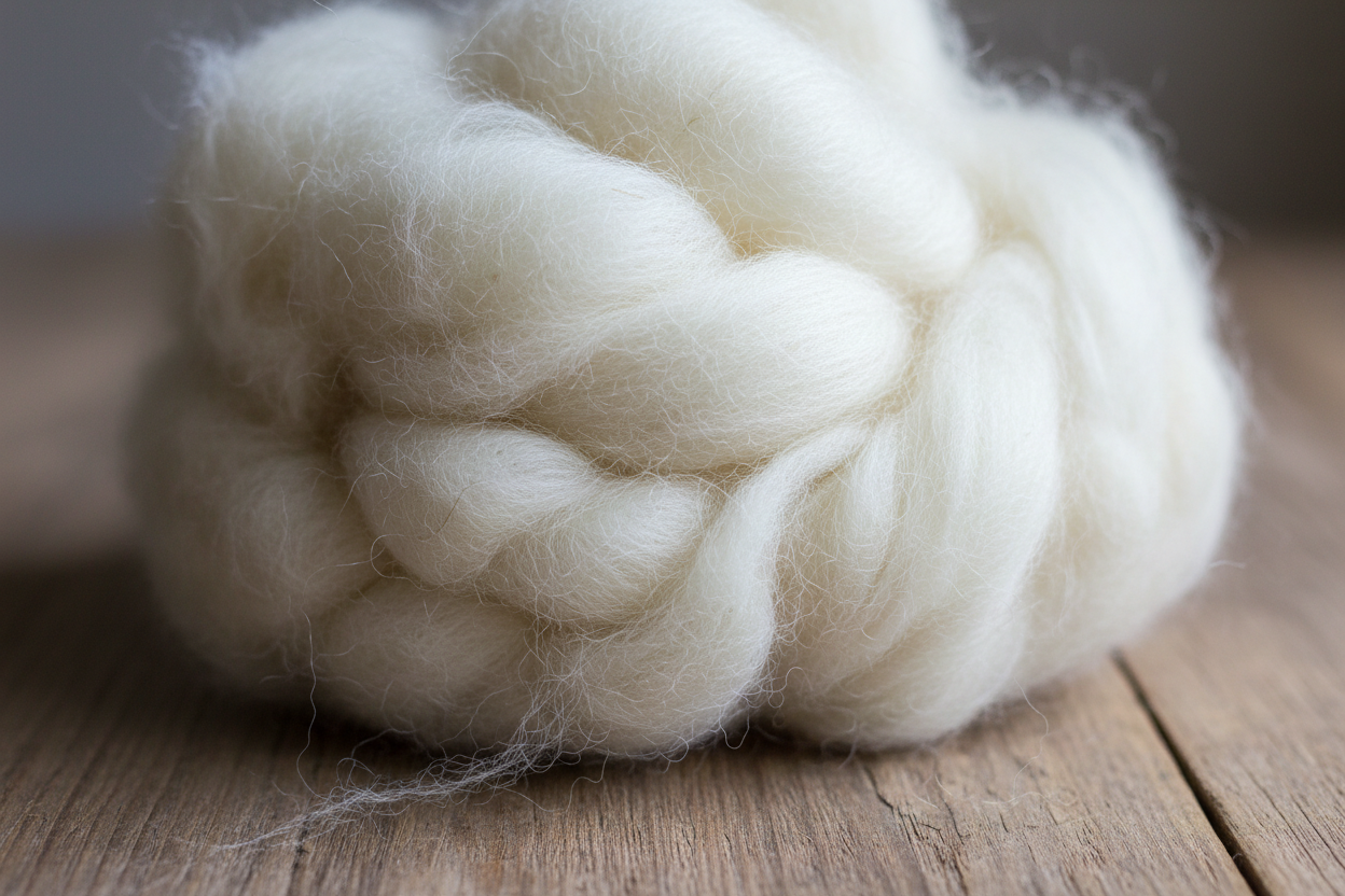 Fluffy pile of unspun white sheep wool on wooden table macro shot