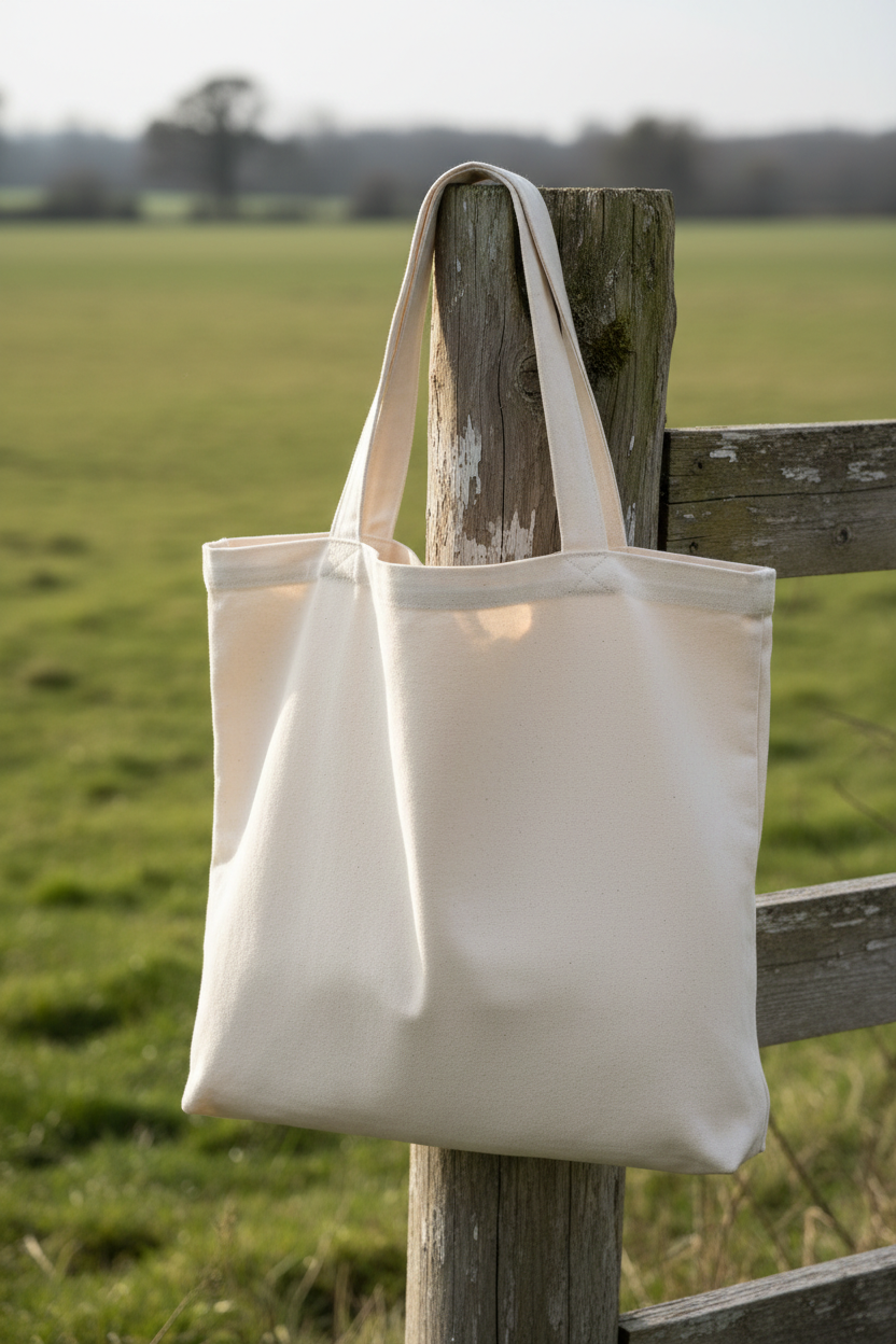 Cream canvas tote bag hanging on rustic wooden fence post with green pasture background