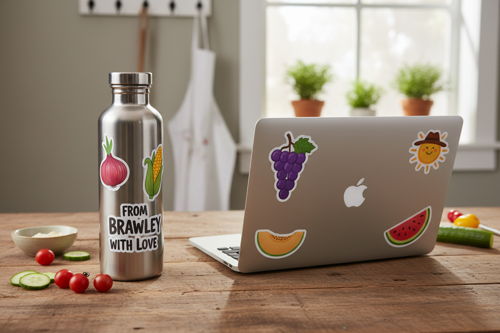 Farm-themed stickers applied on a water bottle and laptop on a farmhouse kitchen table
