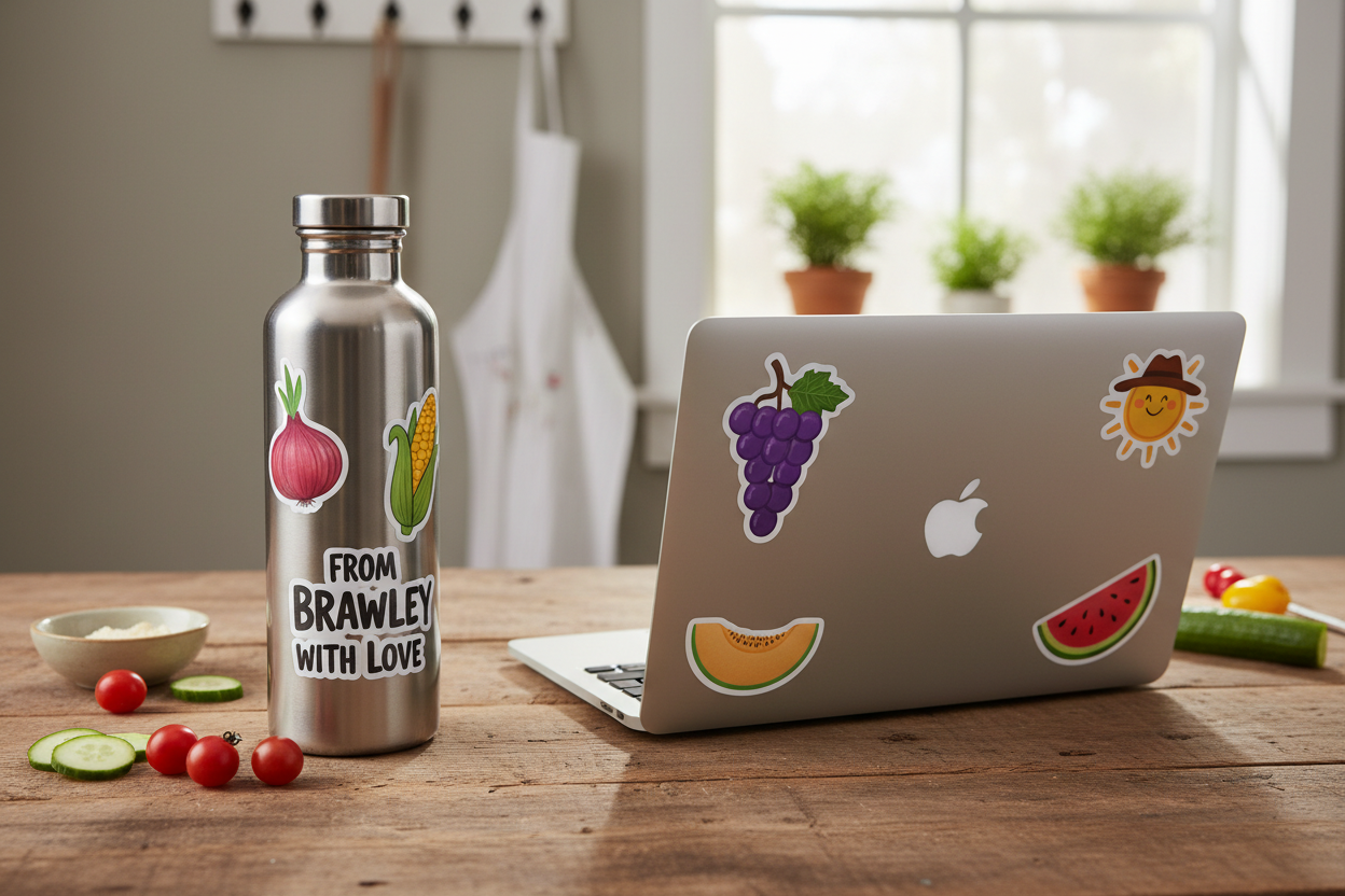 Farm-themed stickers applied on a water bottle and laptop on a farmhouse kitchen table