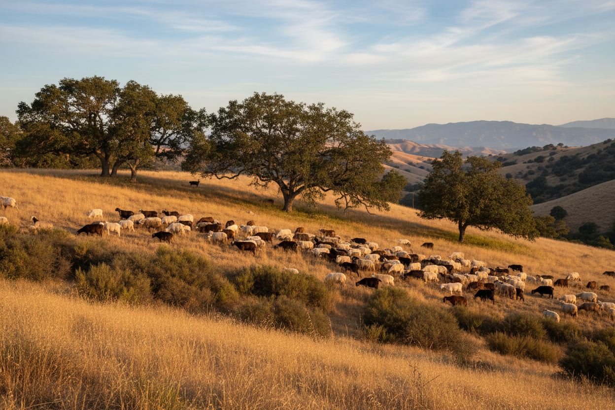 Herd of goats and sheep grazing on hillside with dry brush under California oak trees