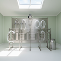 Complete 4-stand stainless goat milking parlor with vacuum pump, pulsator, and claw assemblies