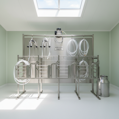 Complete 4-stand stainless goat milking parlor with vacuum pump, pulsator, and claw assemblies