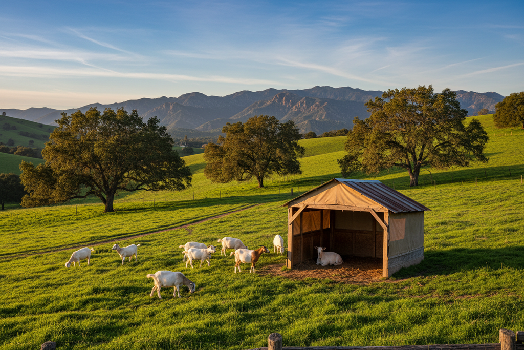 Wide pasture shot of field shelter on California hillside with goats grazing nearby
