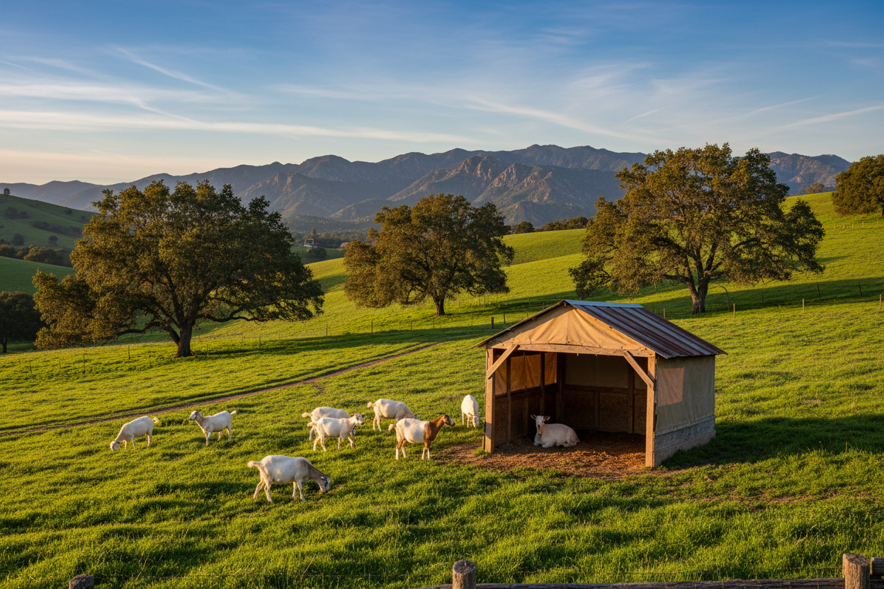Wide pasture shot of field shelter on California hillside with goats grazing nearby