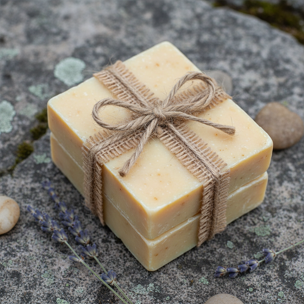Three cream-colored goat milk soap bars tied with burlap twine on stone surface