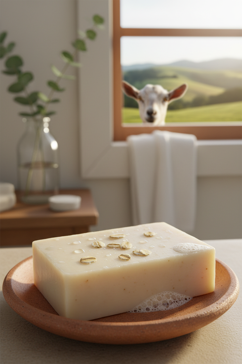 Macro close-up of goat milk soap bar on ceramic dish with farmhouse bathroom background
