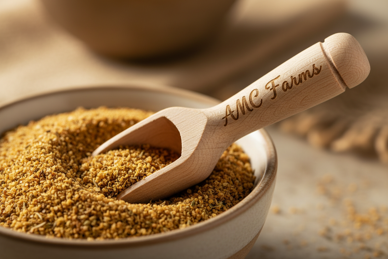Small wooden spice scoop with AMC Farms engraving resting in a bowl of onion seasoning