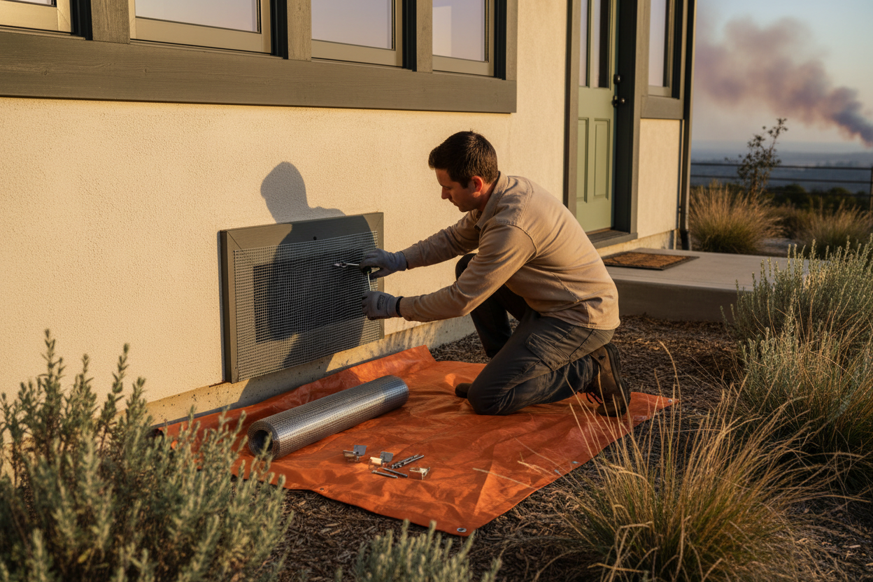 Homeowner installing ember-resistant mesh vent screen on California craftsman home exterior