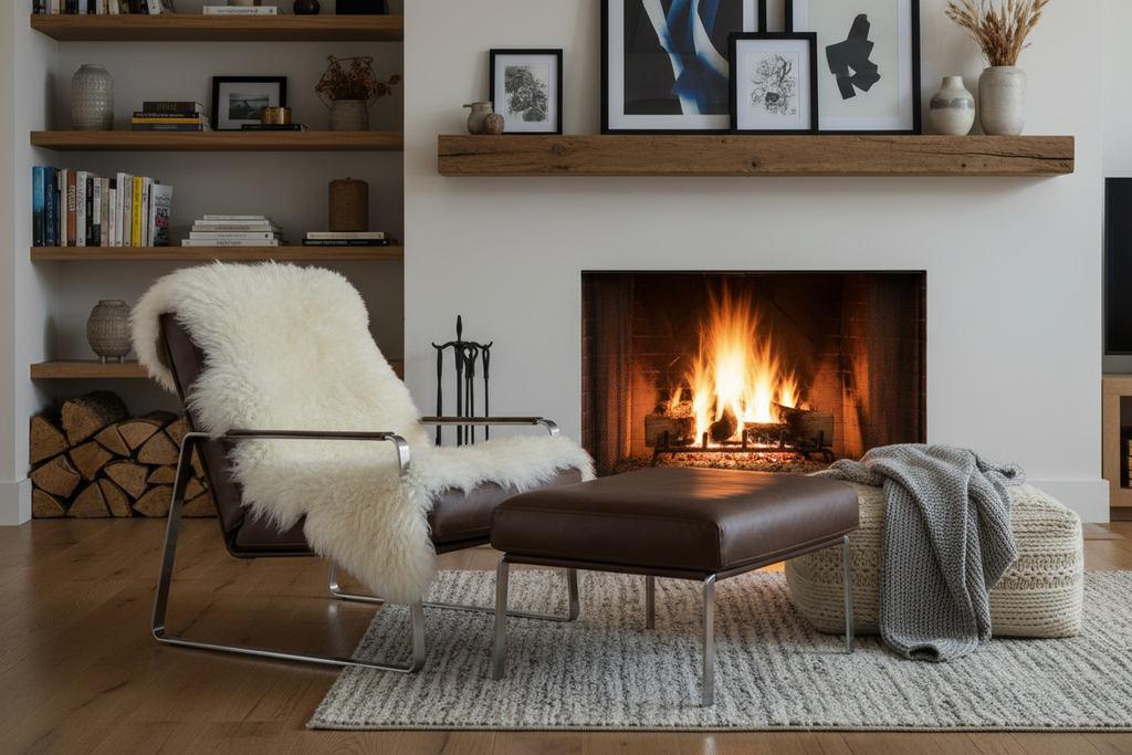 Fluffy white sheepskin rug draped over leather armchair in cozy living room with fireplace