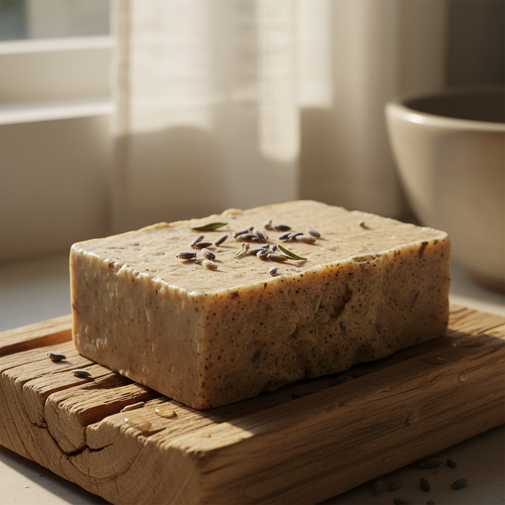 Rustic lavender soap on wooden dish